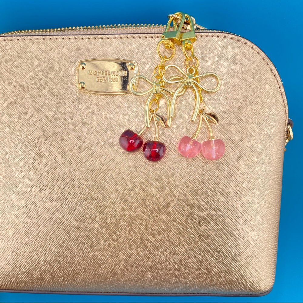 🍒 Red or Pink Cherries and Bow Gold-Tone Keychain Key Ring Purse or Bag Charm